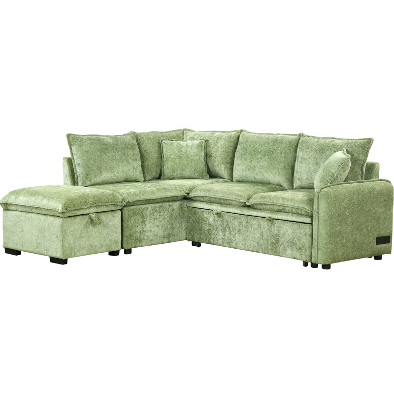 Canapé-lit modulaire convertible avec rangement, 2 coussins, ports électriques - Rangement ergonomique et chaleureux, Vert