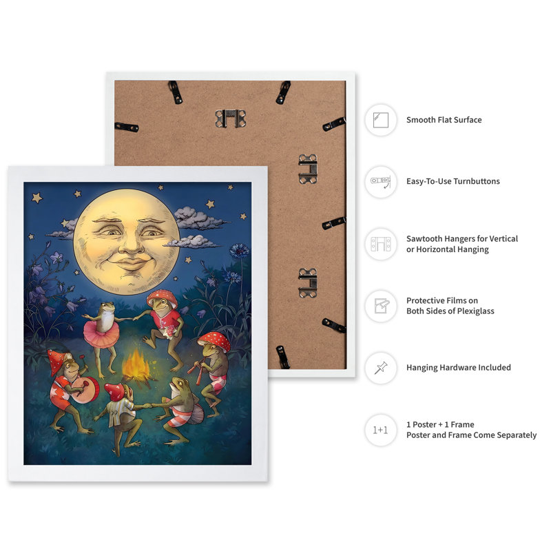 Grenouilles dansant sous la lune, 24"H x 32"W, Affiche, Encadrement blanc