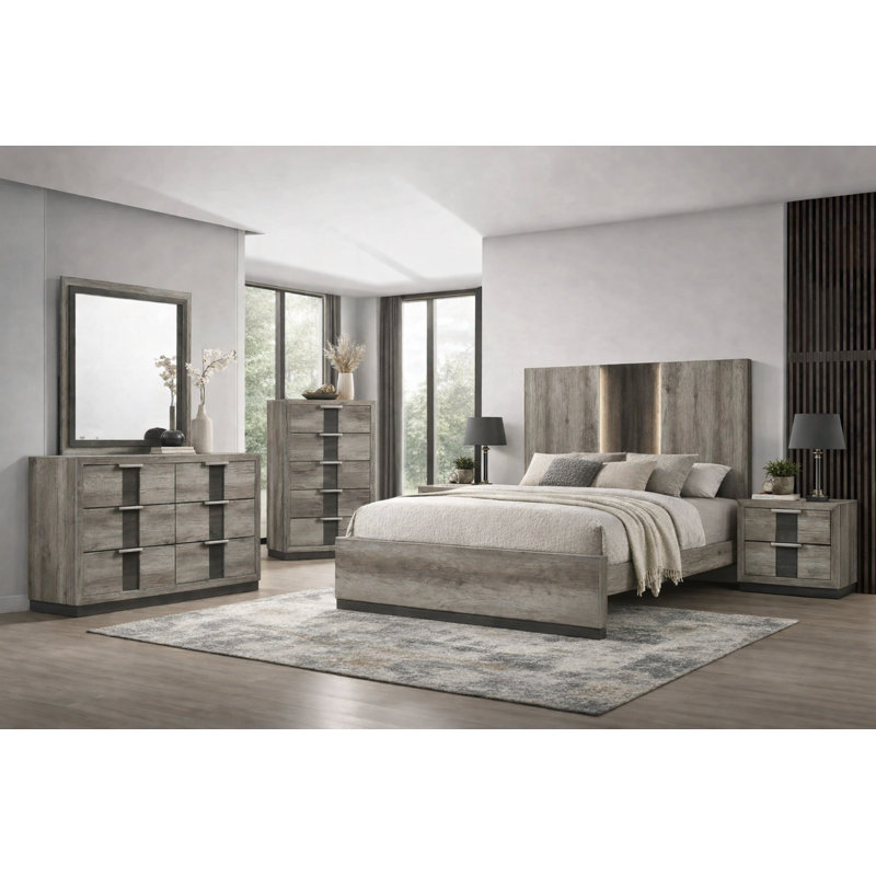 Ensemble de chambre à coucher à panneau moderne avec finition brun clair, 6 Piece, King