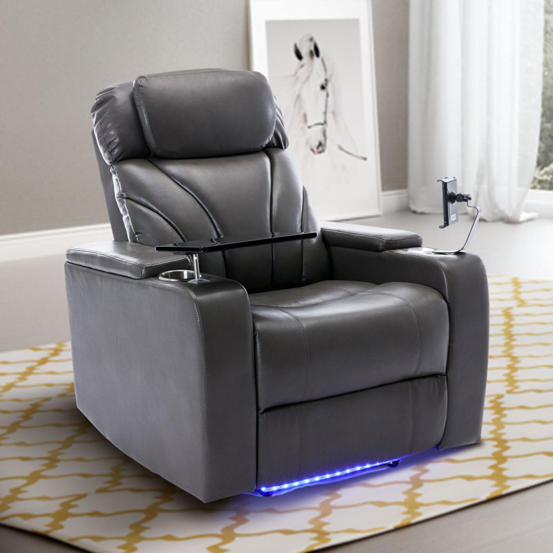 Upholstered Power Reclining Home Theater Seating, Gray Leather Match