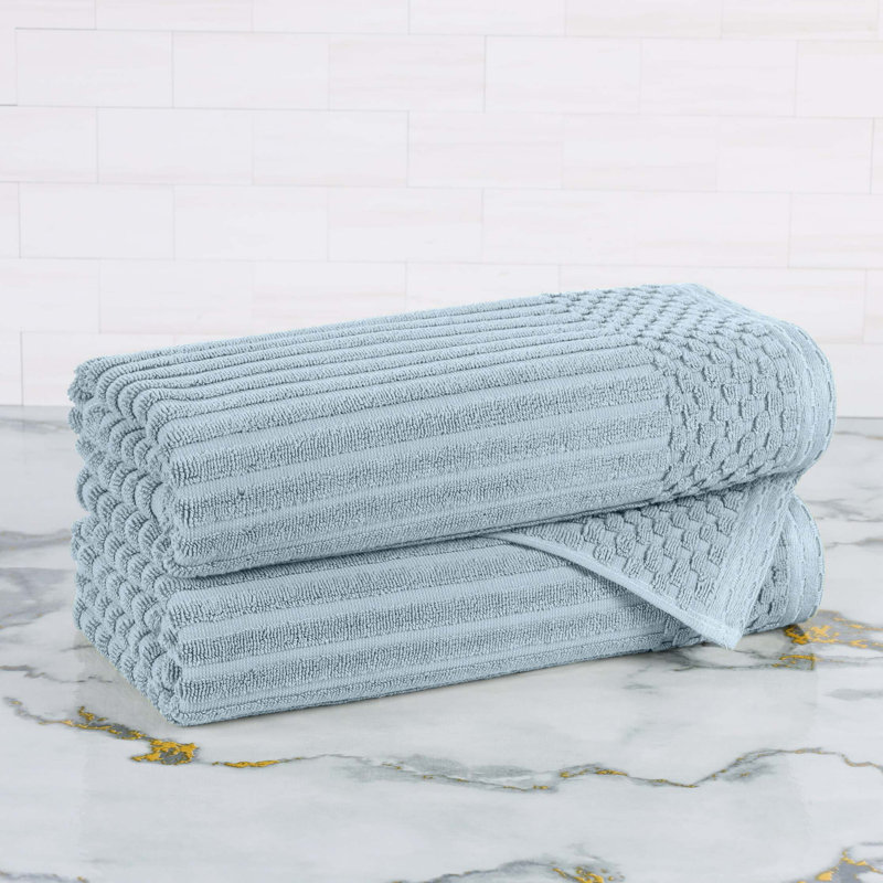 Ruvins Cotton Highly Absorbent Solid and Checkered Border Bath Towel Set, Slate Blue