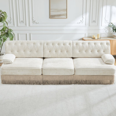 Canapé modulaire 3 places beige en velours avec jupe à franges et combinaisons pour la décoration de chambre à coucher et les espaces de vie à franges
