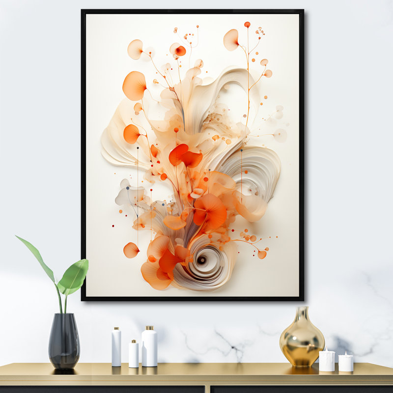 Orange symétrique en spirale IV - art mural géométrique, H 32 po x l 24 po x P 1 po, Cadre flottant noir