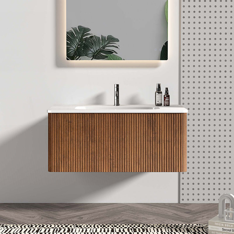 Wall Mounted Floating Bathroom Vanity With Ceramic Sink, 36"