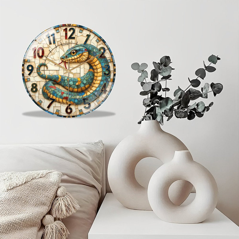Horloge murale silencieuse en verre trempé de 30 cm, « Horloge murale serpent en mosaïque artisanale », sans tic-tac, fonctionne avec des piles AA (non incluses), décoration artistique pour la maison