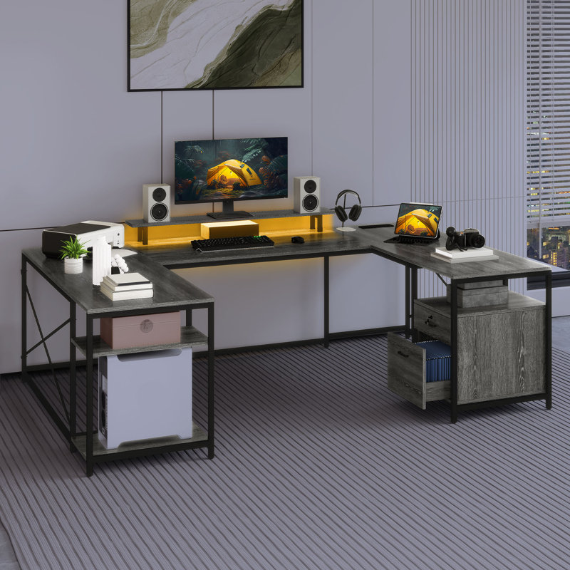  Bureau 78,7 po en U réversible avec prises de courant, lumières DEL et support pour écran, Gris / Noir