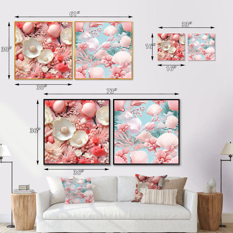 Seashell - motif tropical oasis - ensemble de 2 collages carrés abstraits, H 16 po x l 33 po, Cadre flottant doré