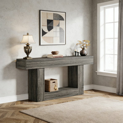 63" Wooden Console Table, Farmhouse 2-Tier Sofa Table For Entryway Or Living Room