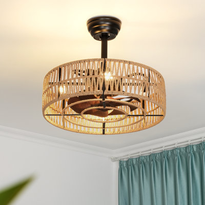 20" Farmhouse Caged Ceiling Fan Featuring A Fabric Style Light Kit And Remote Control