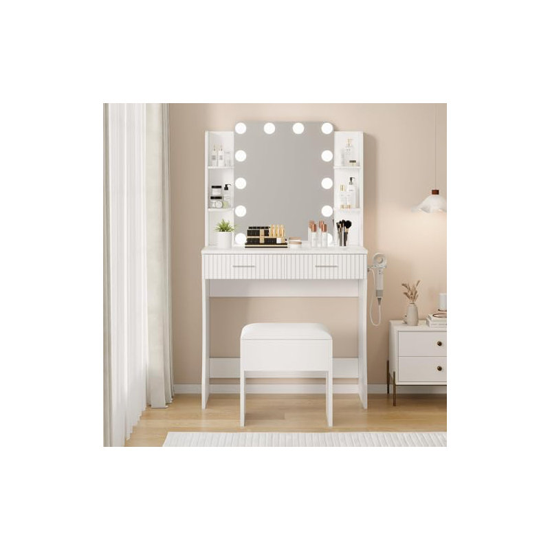 Makeup Vanity Desk with Mirror and 12 LED Lights, Vanity Table with Power Outlet, USB & Type‑c Charging Ports, 2 Drawers, 6 Shelves