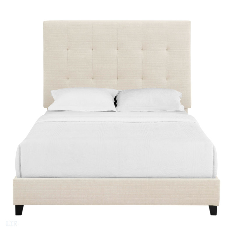 Grand lit plateforme tapissier capitonné beige, cadre de lit