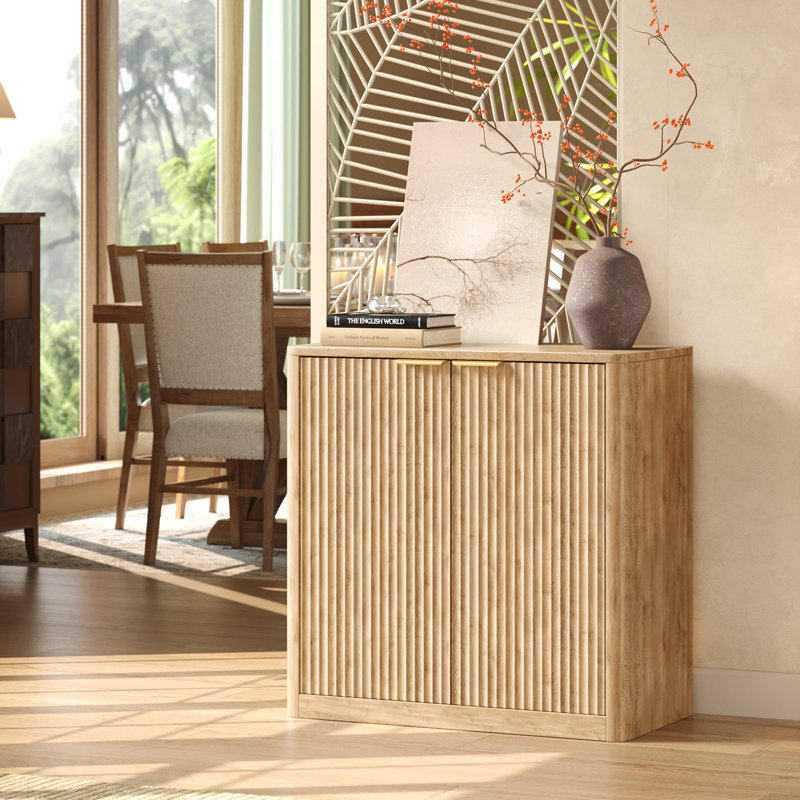 Buffet 31,5 po avec rangement, buffet cannelé avec tablettes réglables pour le salon, la salle à manger et la cuisine, Beige