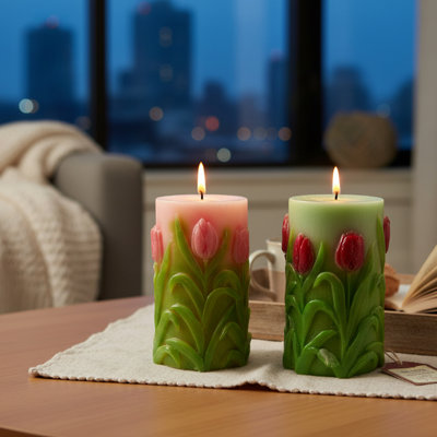 Haight Unscented Tulips Engraved Pillar Candle Large Asstd - Set Of 2