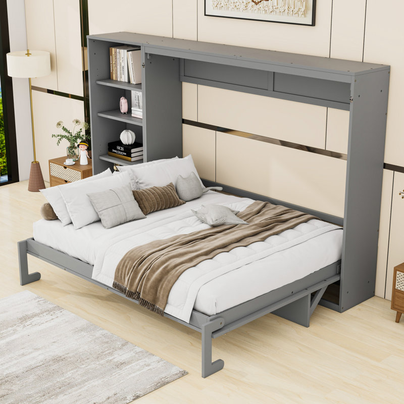 Grand lit escamotable avec tablette et tiroir, gris