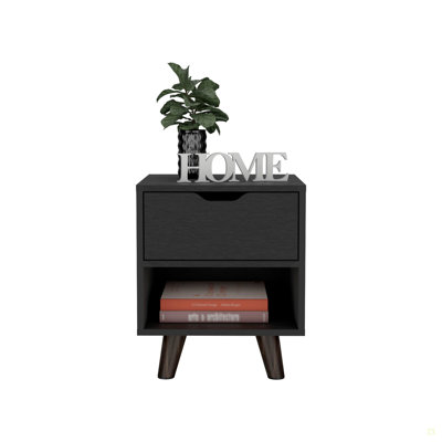 Modern Nightstand 19"H With Spacious Drawer, Open Storage Shelf And Chic Wooden Legs