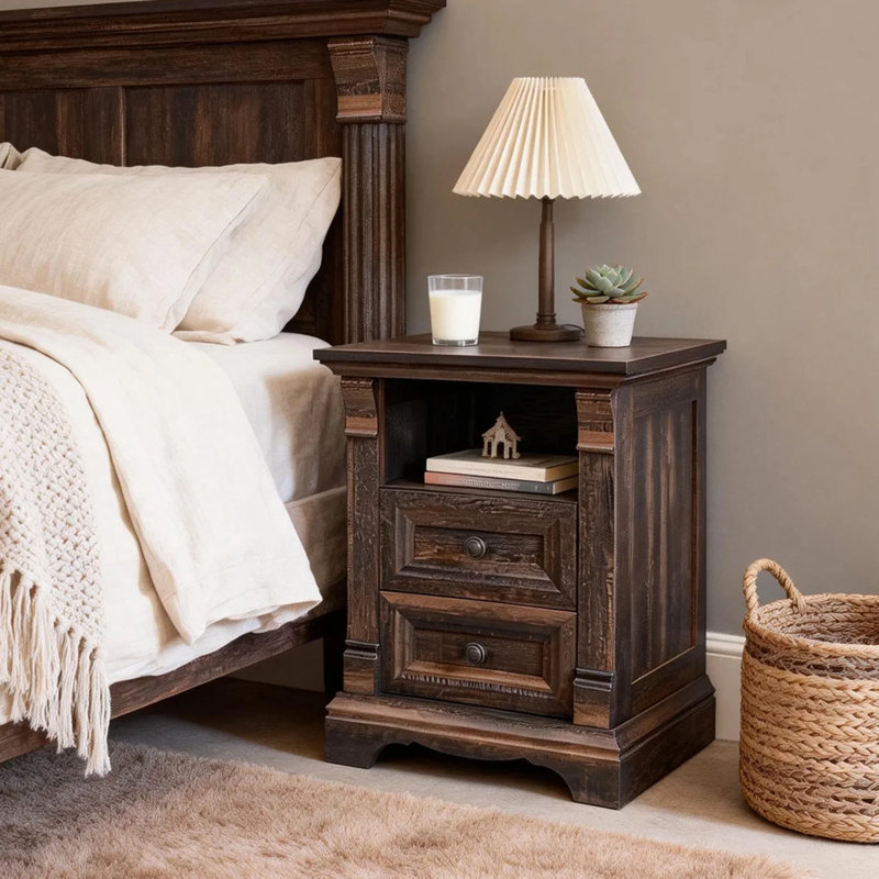 Table de chevet 18 po avec charge intégrée et 2 tiroirs, Dark Rustic Oak