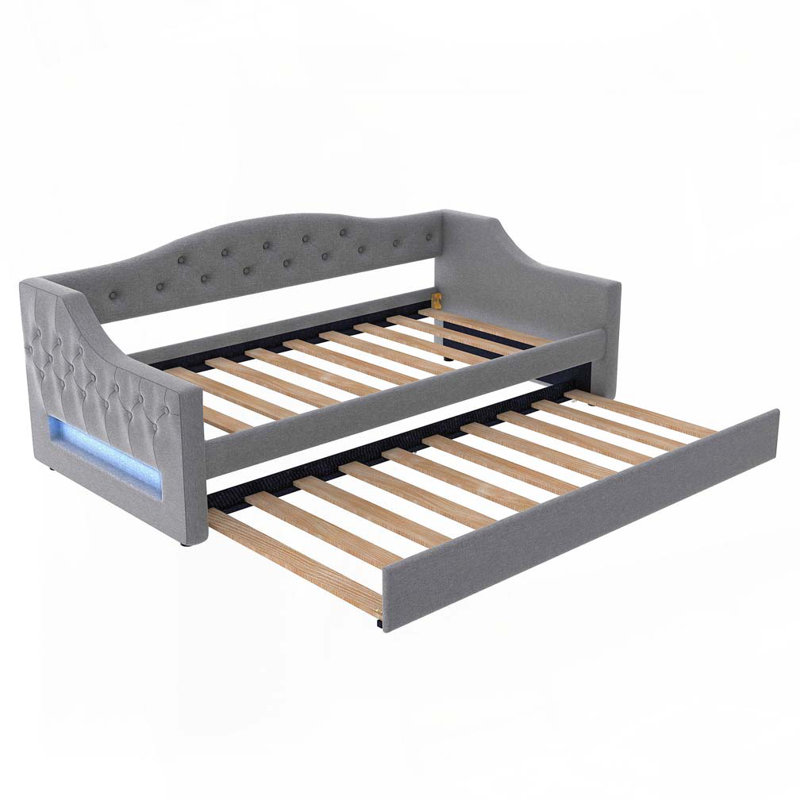 Upholstered Daybed with LED Belt and Trundle, Gray