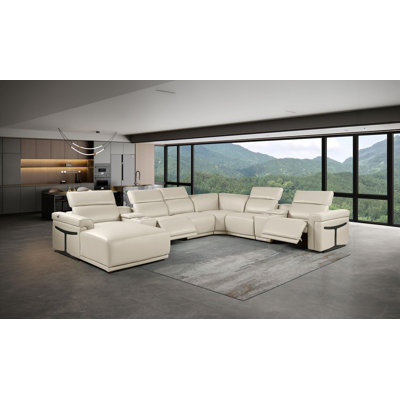 Beige Left-Facing  8-Piece L-Shaped Sectional In Top-Grain Italian Leather With 2 Power Recliner & Adjustable Headrests