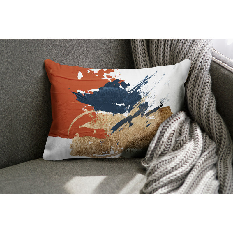 Coussin lombaire abstrait intérieur / extérieur, Orange brûlé / or / blanc
