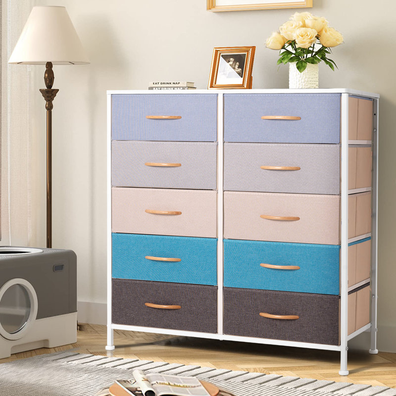 Commode 10 tiroirs Wendelyn, Bleu/gris/vert