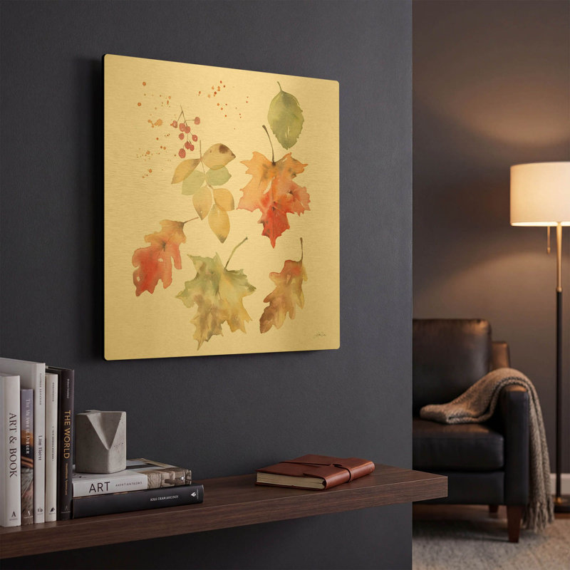 «Falling Leaves II» par Katrina Pete, art mural en métal doré, 12 po x 12 po, 12 po x 12 po