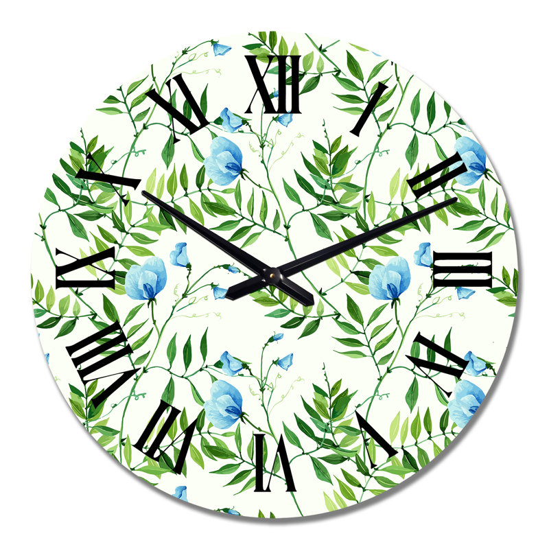 Horloge murale à motif de feuilles tropicales avec petites fleurs bleues, Grand