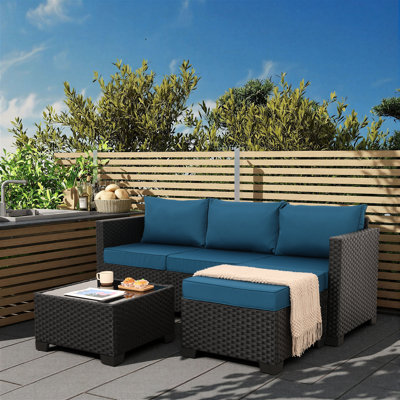 Wicker Patio Furniture Patio Couch 3 Pieces Outdoor Sectional With Ottoman And Outdoor Glass Table Weathering Anti-Slip Cushions Furniture Covers, Peacock Blue
