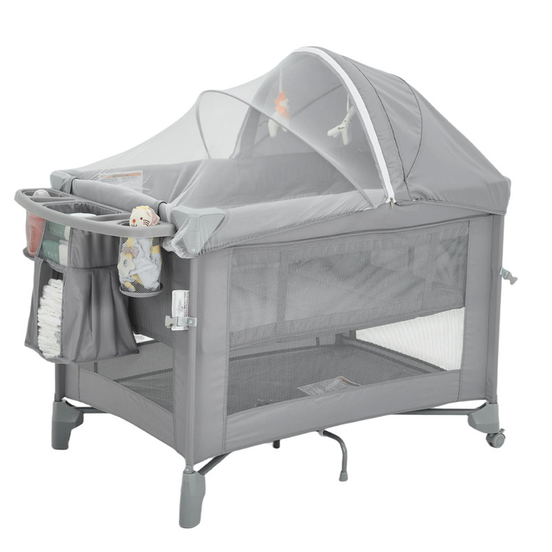 Berceau convertible 5 en 1, lit de chevet avec table à langer, barre à jouets et moustiquaire