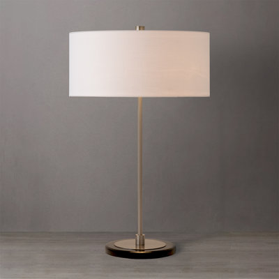 Stretch Slimline Table Lamp with White Linen Drum Shade, Satin Nickel Steel Body & Base, 32" Height, Modern Style, Dimmable