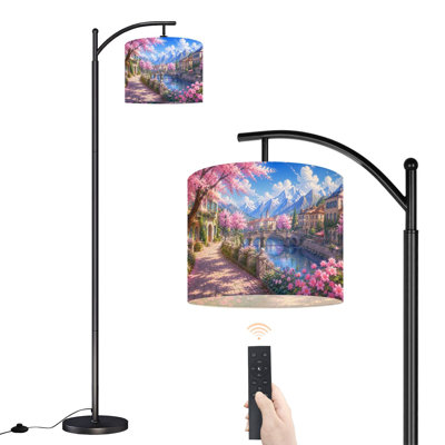 Arched Floor Lamp Scenic Spring Village Cherry Blossoms River Mountain View 62.6" Tall Modern Standing Lamp, LED Linen Drum Shade, 3 Color Temperature, Remote & Foot Switch Control for Living Room Bedroom Reading Nook