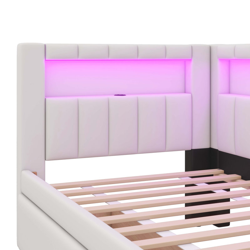 Lit plateforme entièrement rembourré avec connectivité USB, éclairage d'appoint à DEL et tiroirs, Blanc