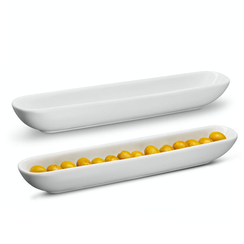 White Ceramic Olive and Cheese Boat Tray Set, 12 Inch