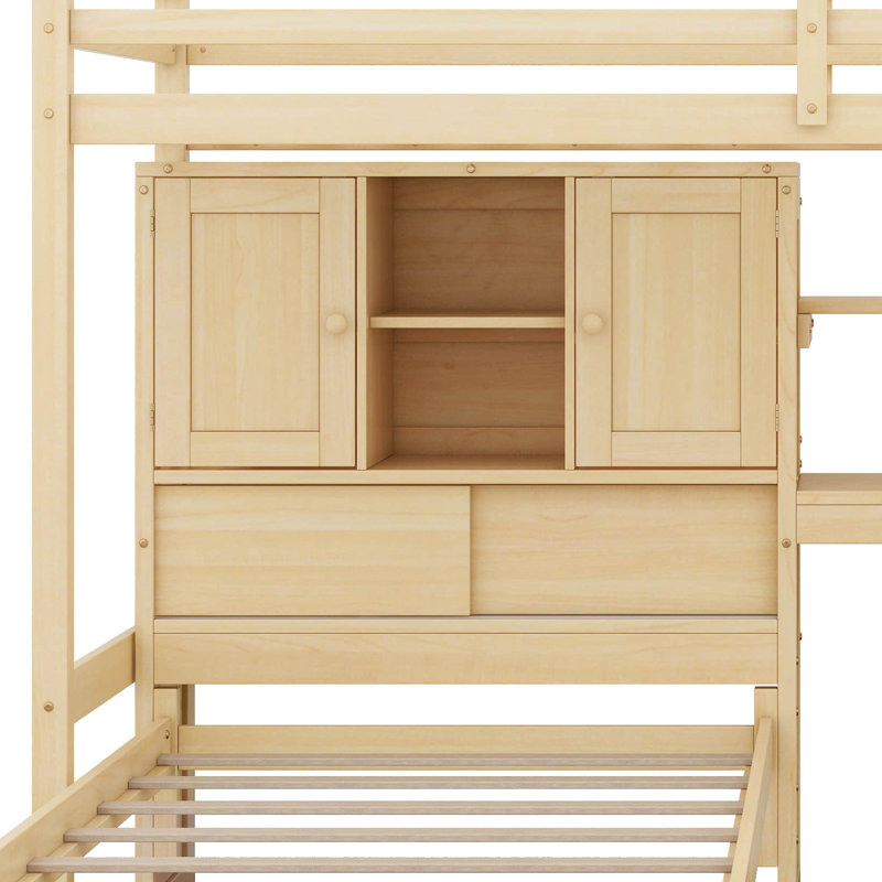  Lit mezzanine simple au-dessus de simple Karanfila avec bureau intégré et escalier, avec compartiments de rangement et tablettes
