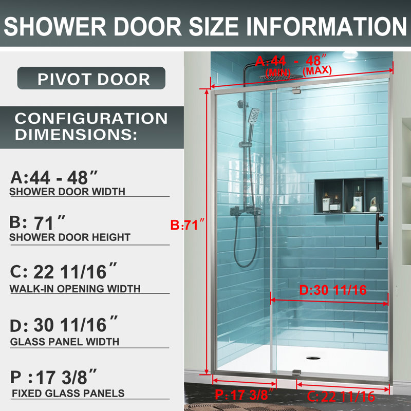 44 - 48 in. W x 71 in. H Pivot Semi-Frameless Sliding Shower Door in with SGCC Tempered Glass, Brushed Nickel, Clear