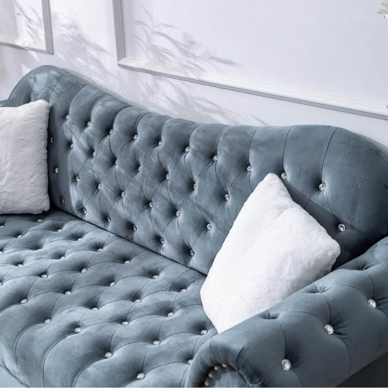 Ensemble de causeuse en velours et canapé 3 places en velours Chesterfield, Gris