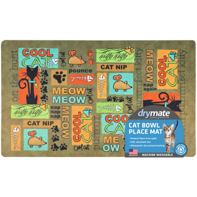 Cat Bowl Placemat, Pet Food Feeding Mat - Absorbent Fabric, Waterproof Backing, Slip-Resistant, Machine Washable, Durable (12” x 20”) (Cool Cat Brown) (USA Made)
