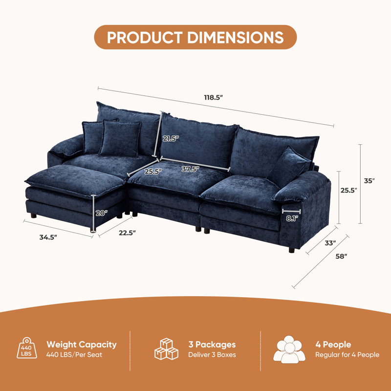 Canapé d'angle modulaire en forme de L de 118,5 po avec pouf, canapé rembourré 4 pièces avec sièges profonds et coussins de dossier amovibles