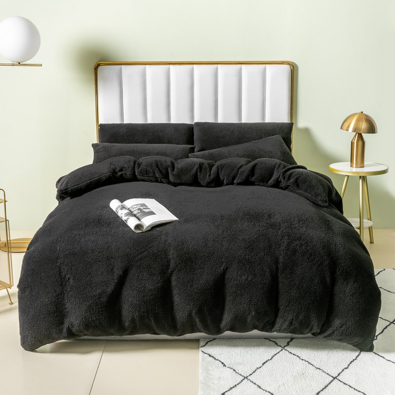 Teddy Fleece Duvet Cover set, Single - 1 Standard Pillowcase, Black