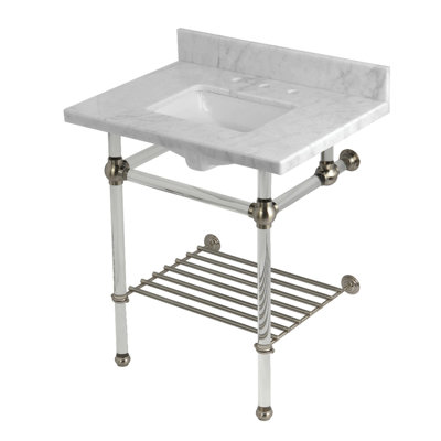 Kingston Brass Templeton 30-Inch Carrara Marble Console Sink with Acrylic Legs and Shelf (8-Inch, 3-Hole)