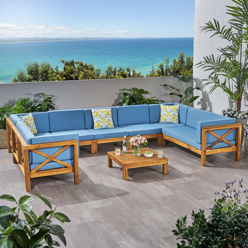 Acacia 7 - Person Modular Patio Conversation Set with Cushions, Teak Frame / Blue Cushion