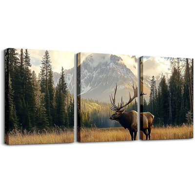 Deer Mountain Canvas Wall Art For Living Room Bedroom 12"X16"X3pcs Woodland Animal Picture Wall Decor For Bathroom Deer Hunting Office Decorations Artwork Nature Wildlife Safari Painting