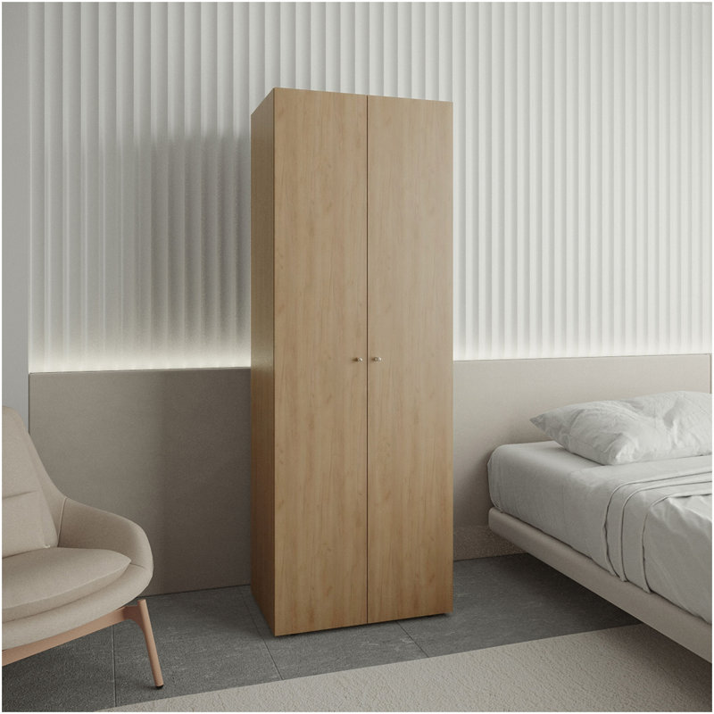 Home 3 Door Closet System With Hanging Rod For Clothes And Interior Shelves, Manufactured Wood Freestanding Bedroom Storage, Utility Room Or Laundry Room Furniture, Natural Oak