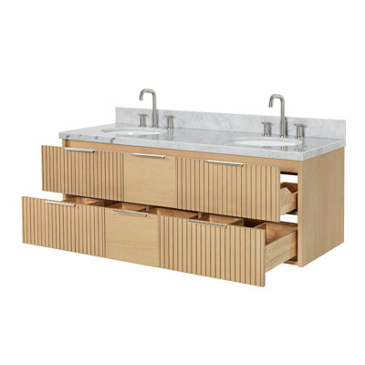 Mulloy 61 Inch Wall-Mounted Double Oval Vanity Bathroom Vanity with Carrara White Marble Countertop 1.5 Inch in Natural Oak