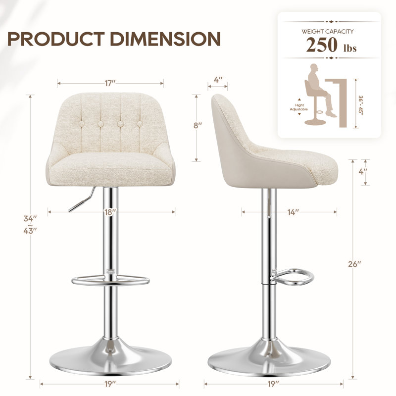 Tabourets de bar pivotants réglables améliorés - Tabourets de comptoir rembourrés en similicuir et en tissu avec base chromée pour îlot de cuisine, bar