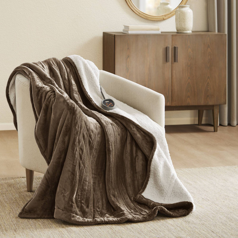 Twin Chocolate Reversible Sherpa Knitted Heated Blanket