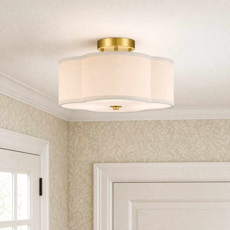 4-Light Fabric Semi Flush Mount Ceiling Light Fixture, 6.9" H x 12.6'' W x 12.6" D, Brass