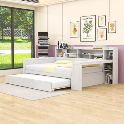 Wood Daybed with Trundle, Built-in Desk and Storage Shelves