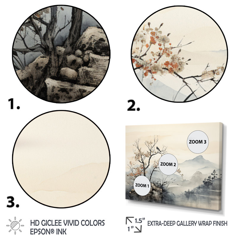 Art asiatique, art mural encadré Sumi Bird Serenity, H 34 po x l 44 po x P 1,5 po, Toile tendue