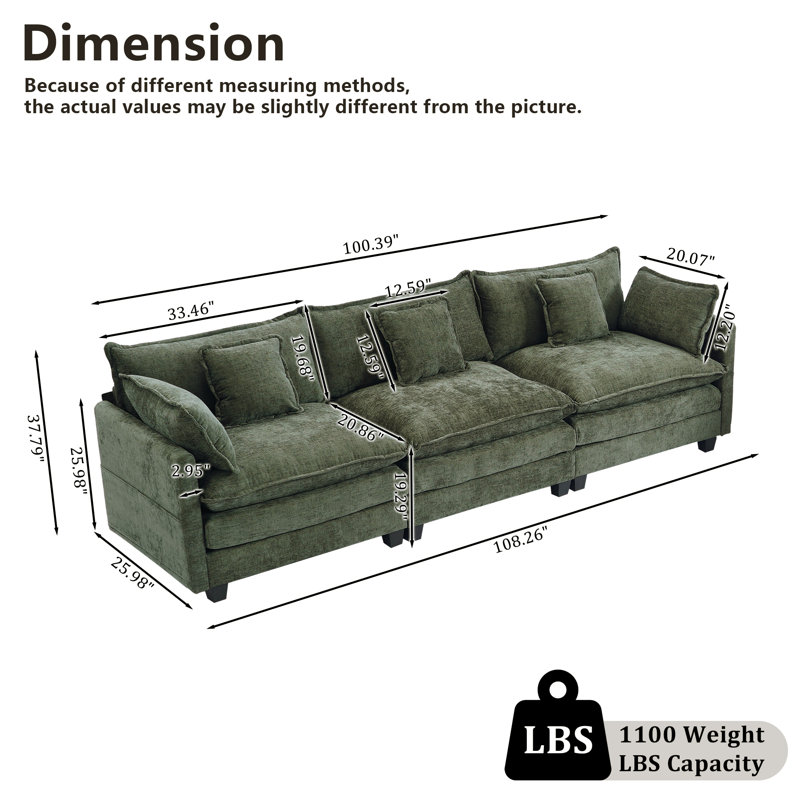 Modern Comfy 3-Seater Modular Sofa Couch - Chenille Modern Upholstered 4 Seater Corduroy Fabric Sofa With Arm And Throw Pillows