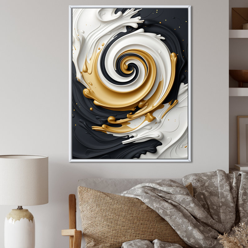 Art liquide sur toile, or liquide et noir et blanc, Cadre flottant blanc, H 44 po x l 34 po x P 1,5 po